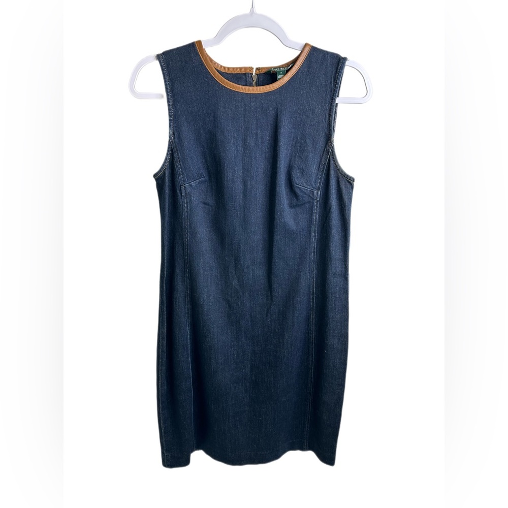 Lauren Ralph Lauren Denim Dark Wash Sheath Dress Sheep Leather Trim Size 4
